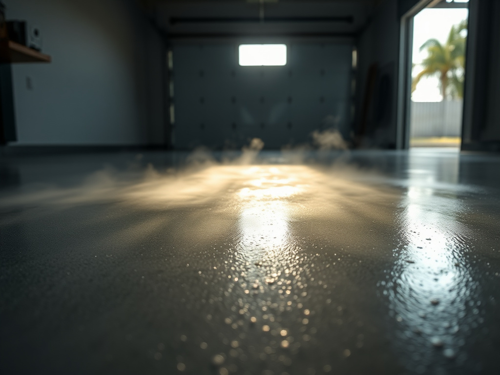 Side-by-side comparison of a failing garage floor coating and an intact polyurea finish
