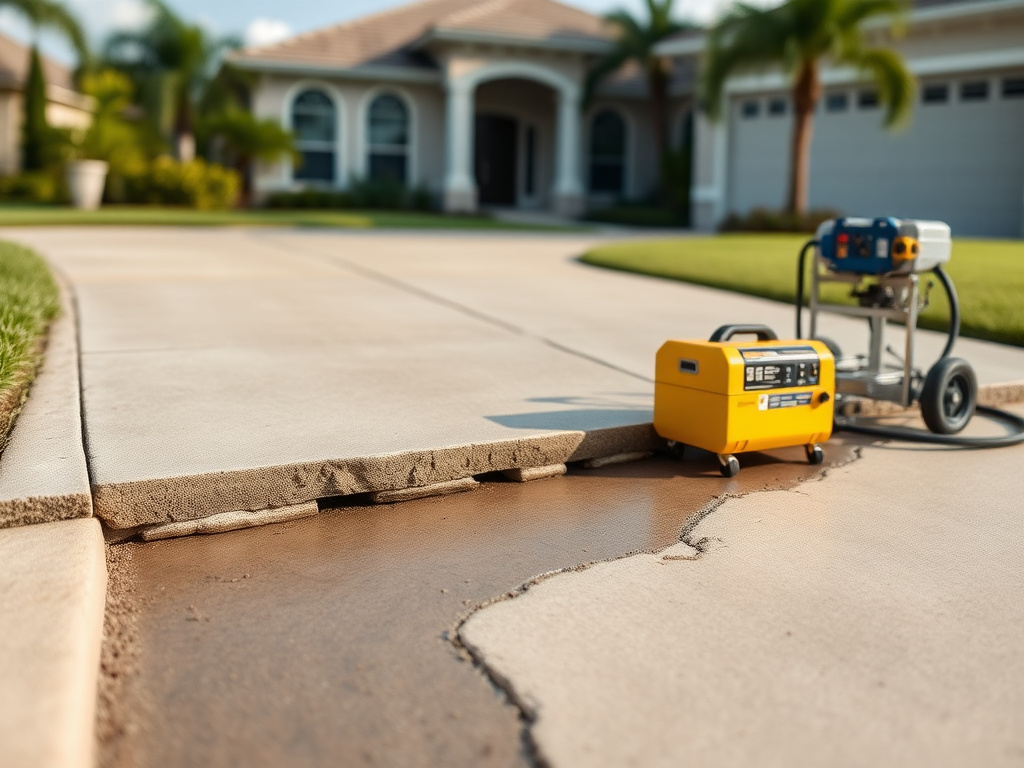 Uneven Florida sidewalk panel being releveled with polyurethane injection equipment