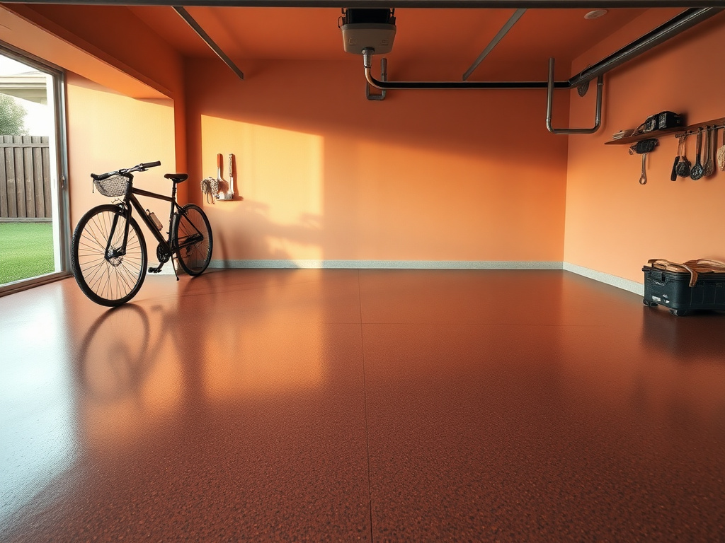 Florida residential garage floor finished in a terracotta and charcoal flake polyurea coating