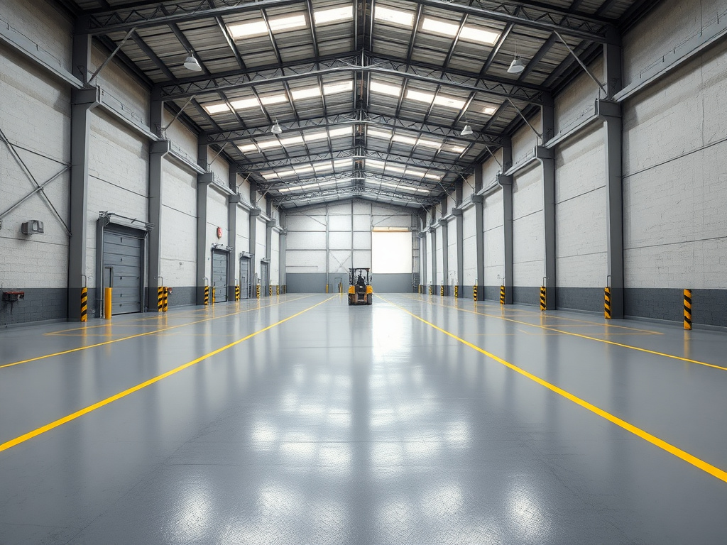 Large Florida warehouse interior with a seamless grey polyurea floor coating and safety striping